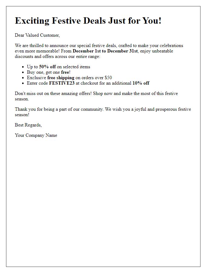 Letter template of festive deals announcement