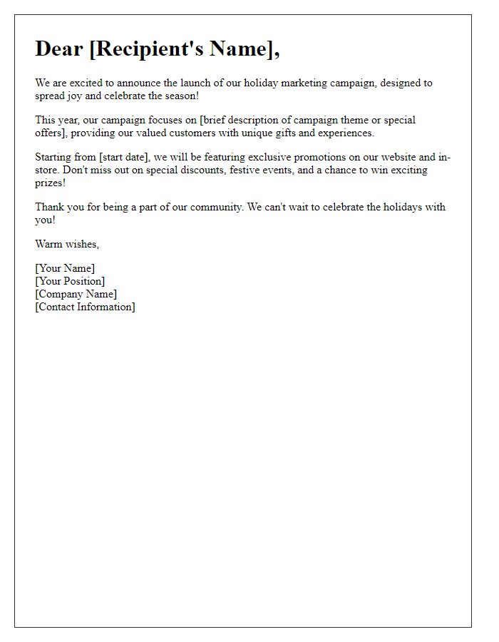 Letter template of holiday marketing campaign launch