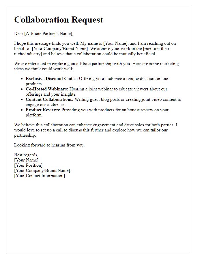 Letter template of affiliate collaboration request with marketing ideas.