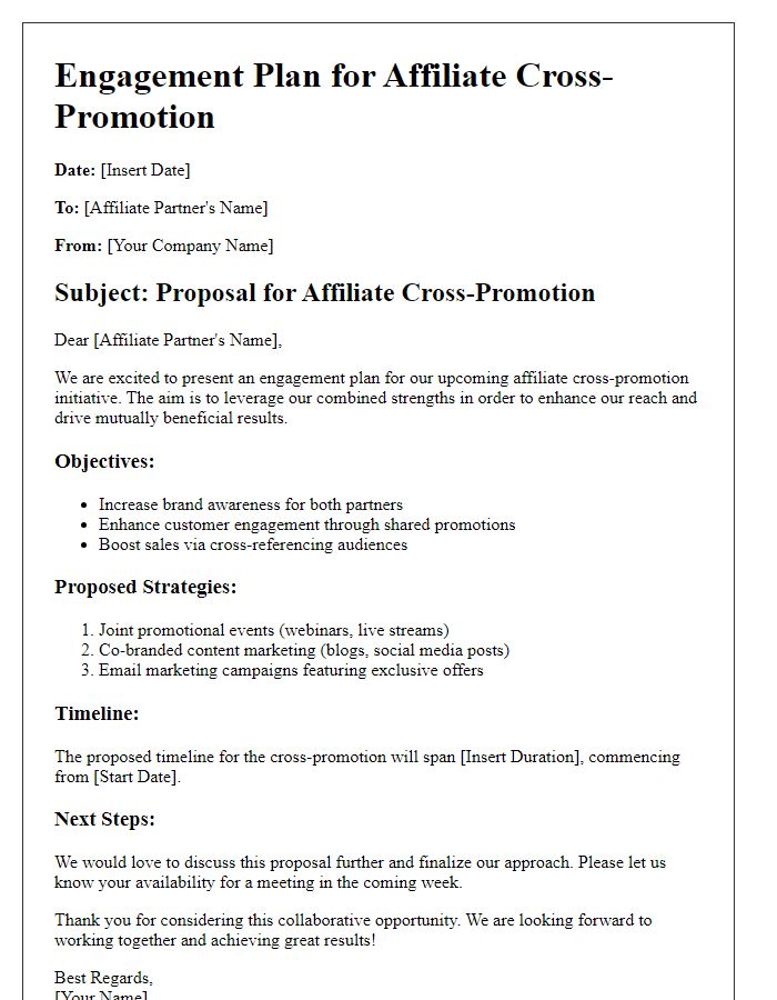 Letter template of engagement plan for affiliate cross-promotion.