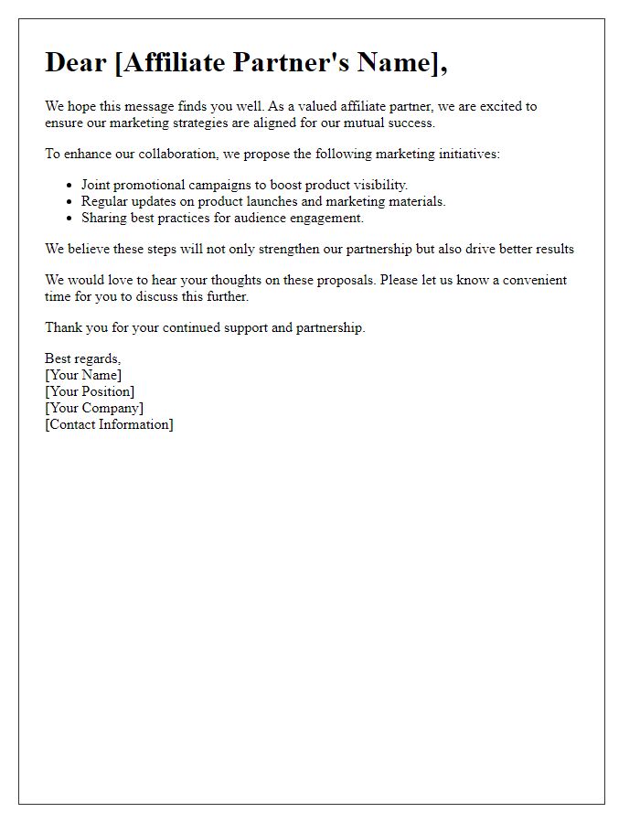 Letter template of marketing alignment for affiliate partners.