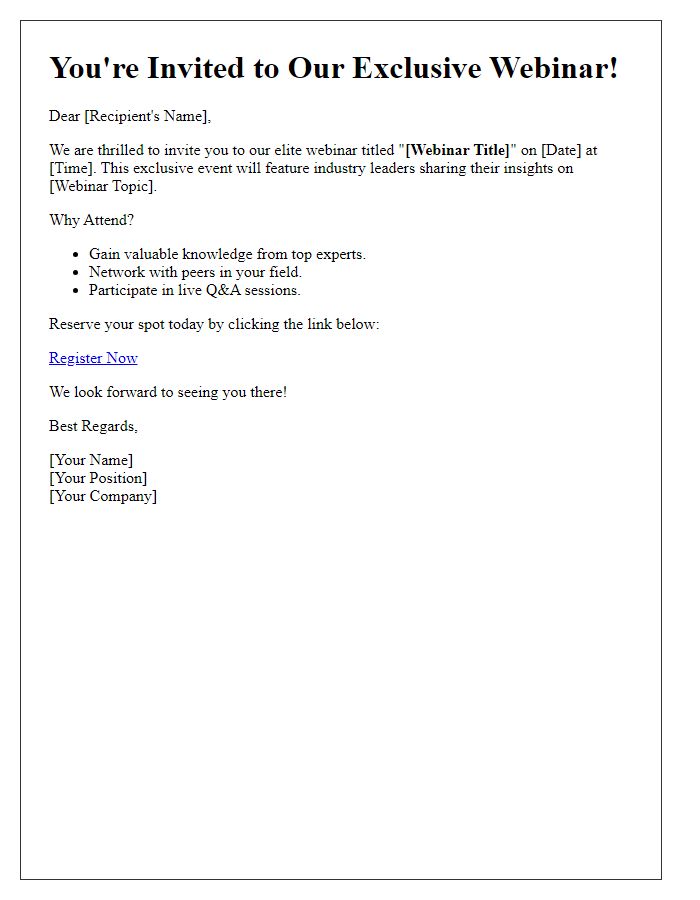 Letter template of registration invite for an elite webinar