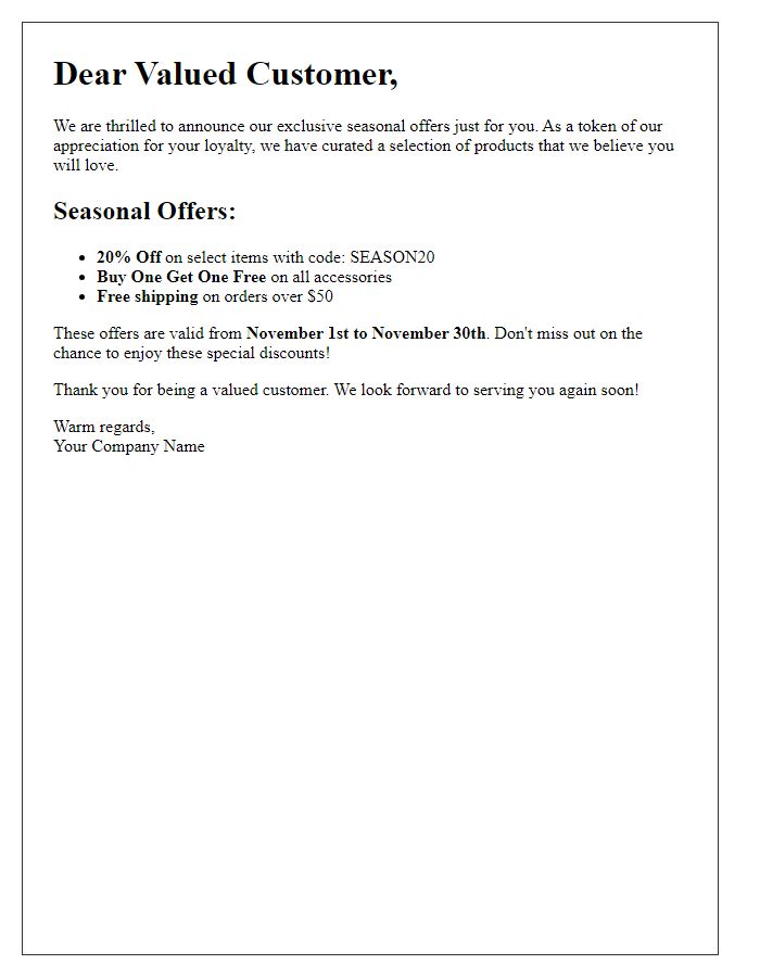 Letter template of exclusive seasonal offers for valued customers