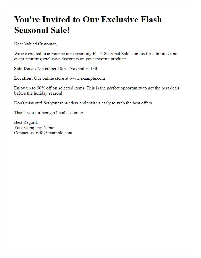 Letter template of flash seasonal sale invitations