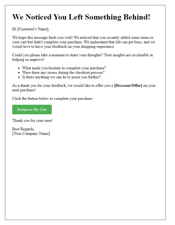 Letter template of feedback request for abandoned cart recovery