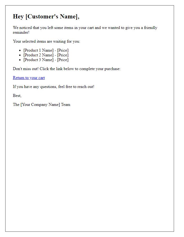 Letter template of friendly reminder for abandoned cart recovery