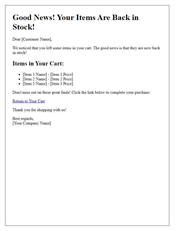 Letter template of item availability notification for abandoned cart recovery