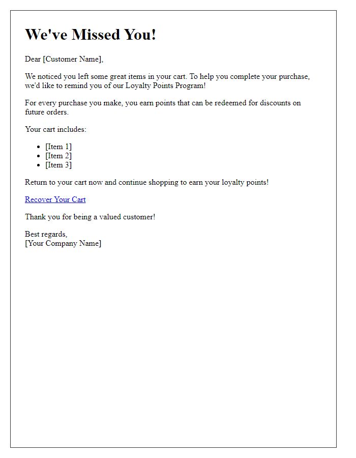 Letter template of loyalty points program for abandoned cart recovery