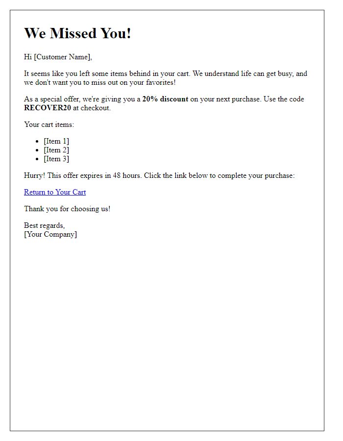 Letter template of special discount offer for abandoned cart recovery