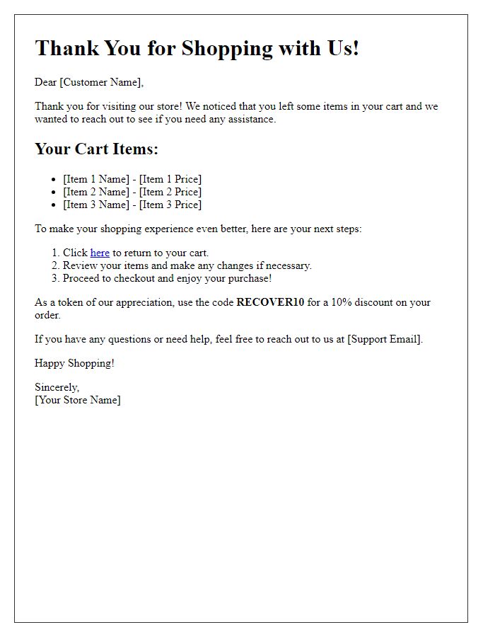 Letter template of thank you with next steps for abandoned cart recovery