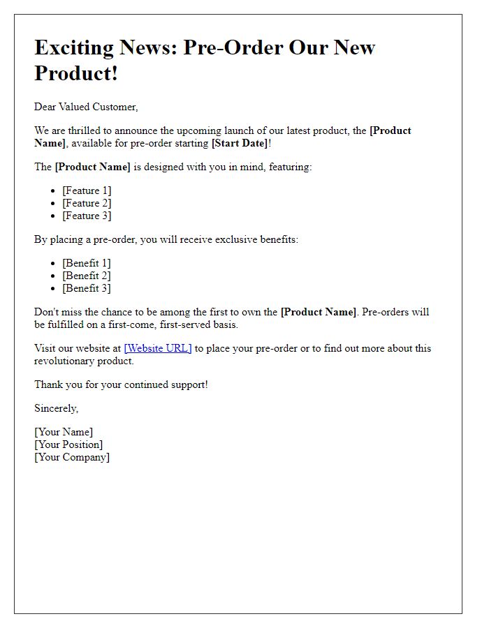 Letter template of anticipated product pre-order announcement.