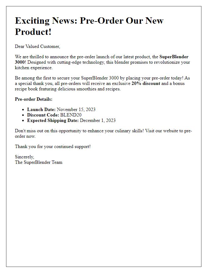 Letter template of exciting product pre-order launch.