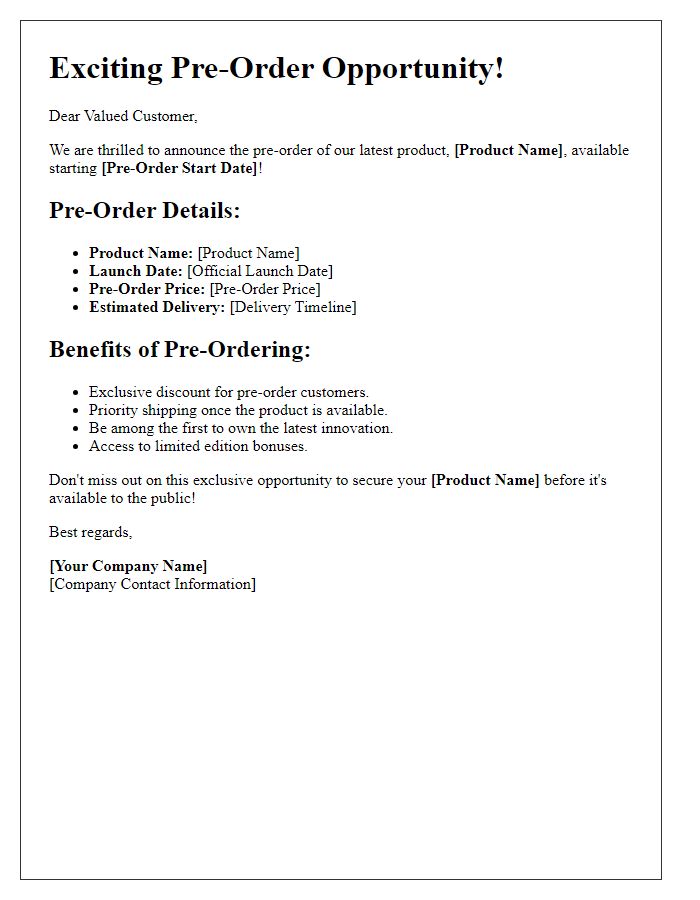 Letter template of product pre-order details and benefits.