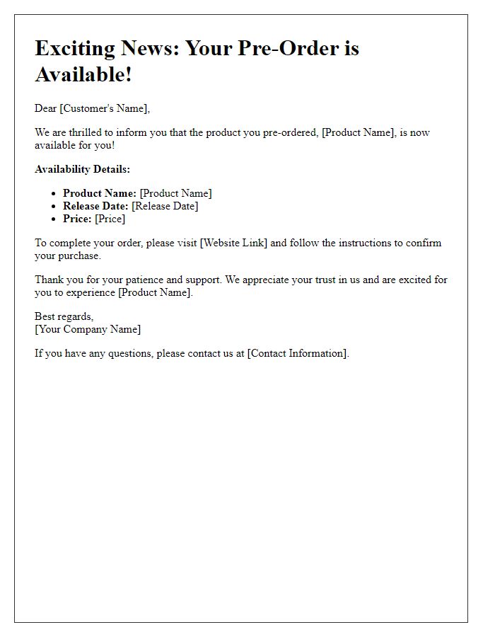 Letter template of scheduled product pre-order availability.