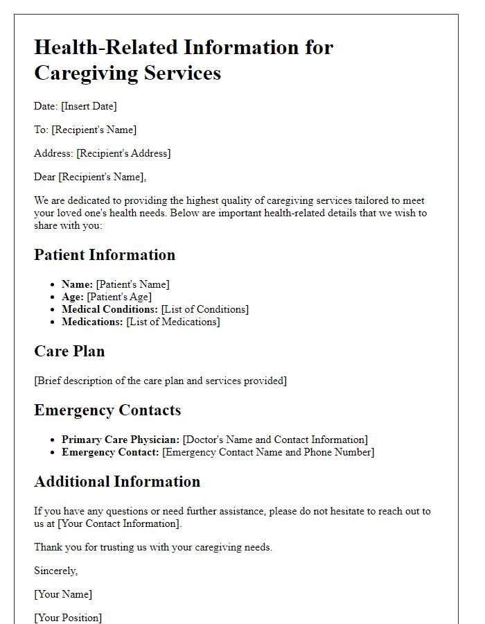 Letter template of health-related information for caregiving services