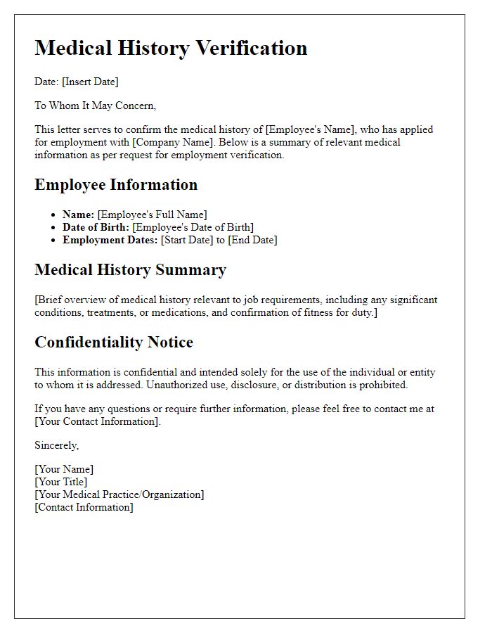 Letter template of medical history for employment verification