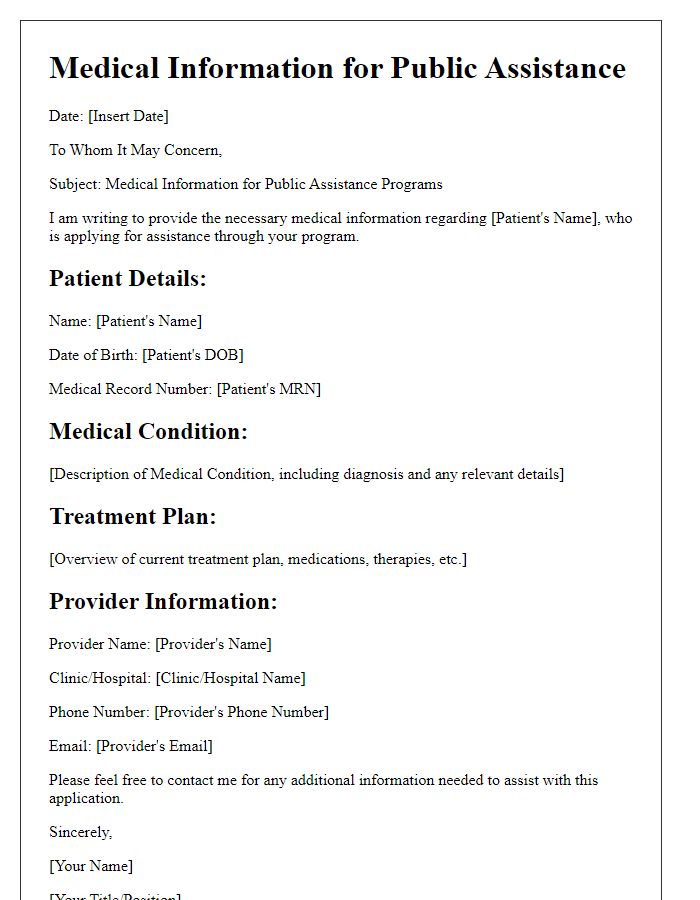 Letter template of medical information for public assistance programs