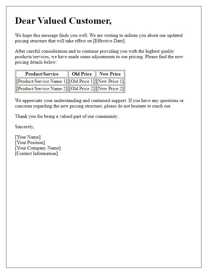 Letter template of communication about updated pricing structure