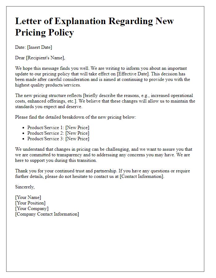 Letter template of explanation regarding new pricing policy