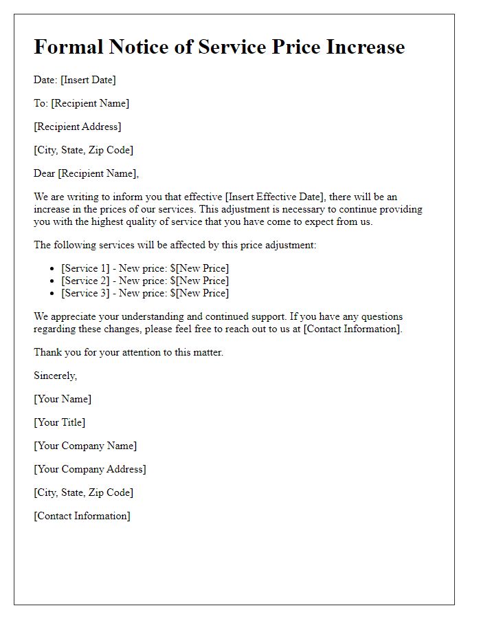 Letter template of formal notice of service price increase