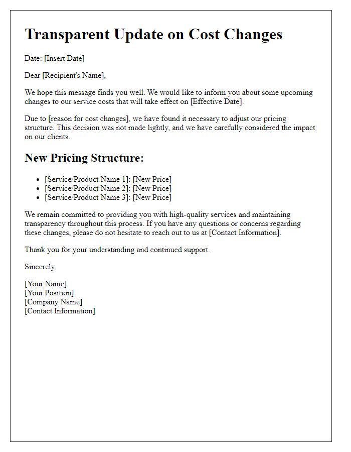 Letter template of transparent update on cost changes