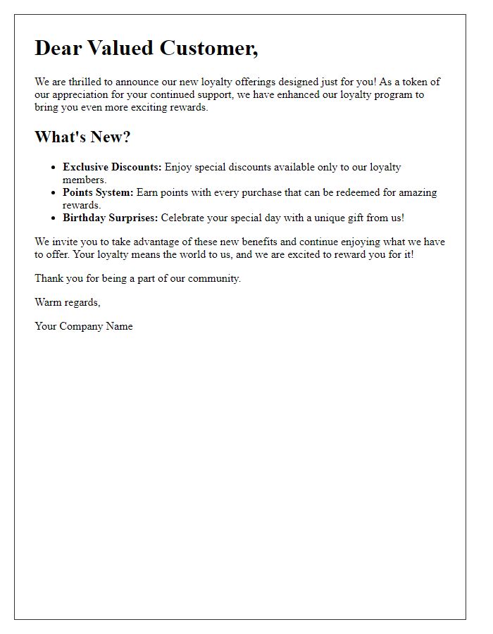 Letter template of celebrating our new loyalty offerings