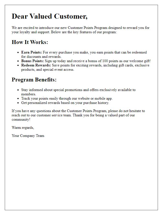 Letter template of explaining our customer points program