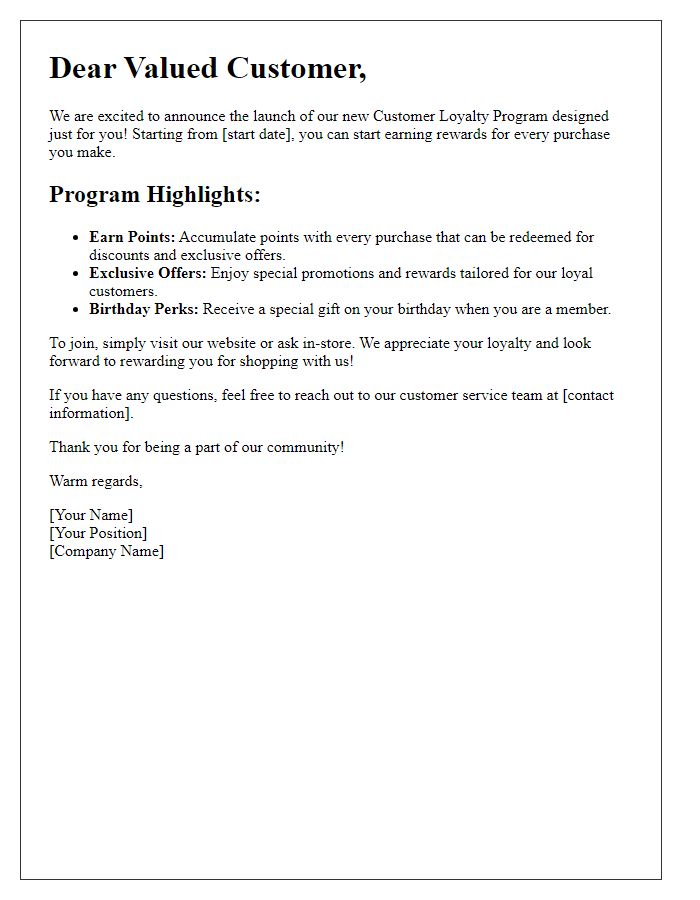 Letter template of introducing a new customer loyalty program