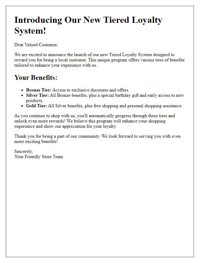 Letter template of presenting a tiered loyalty system