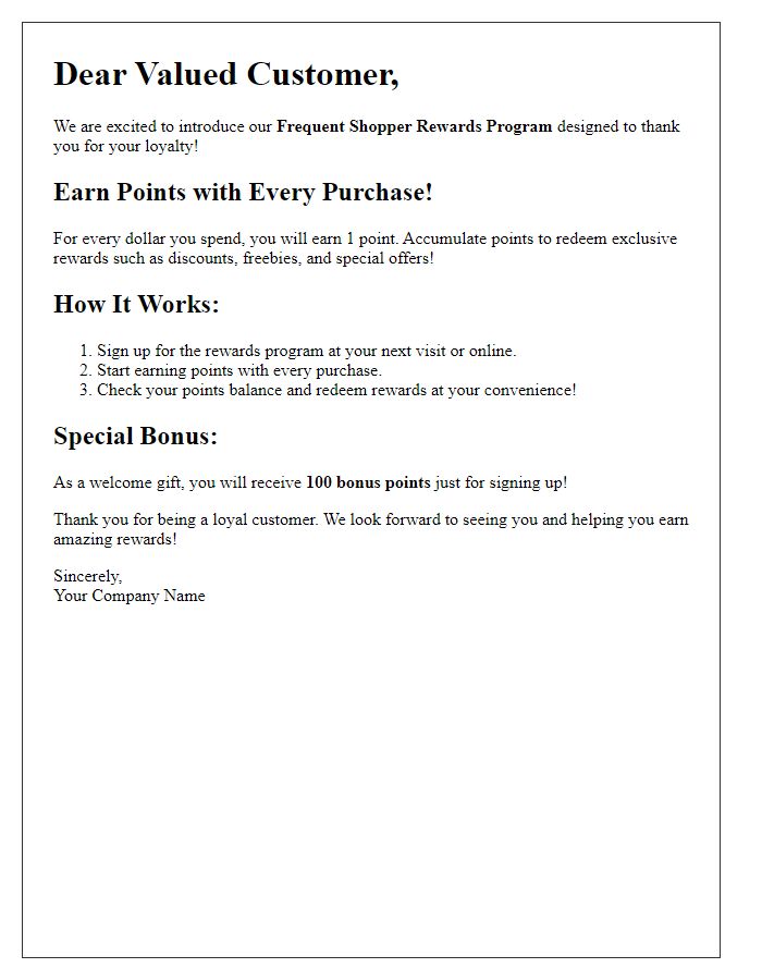 Letter template of promoting our frequent shopper rewards