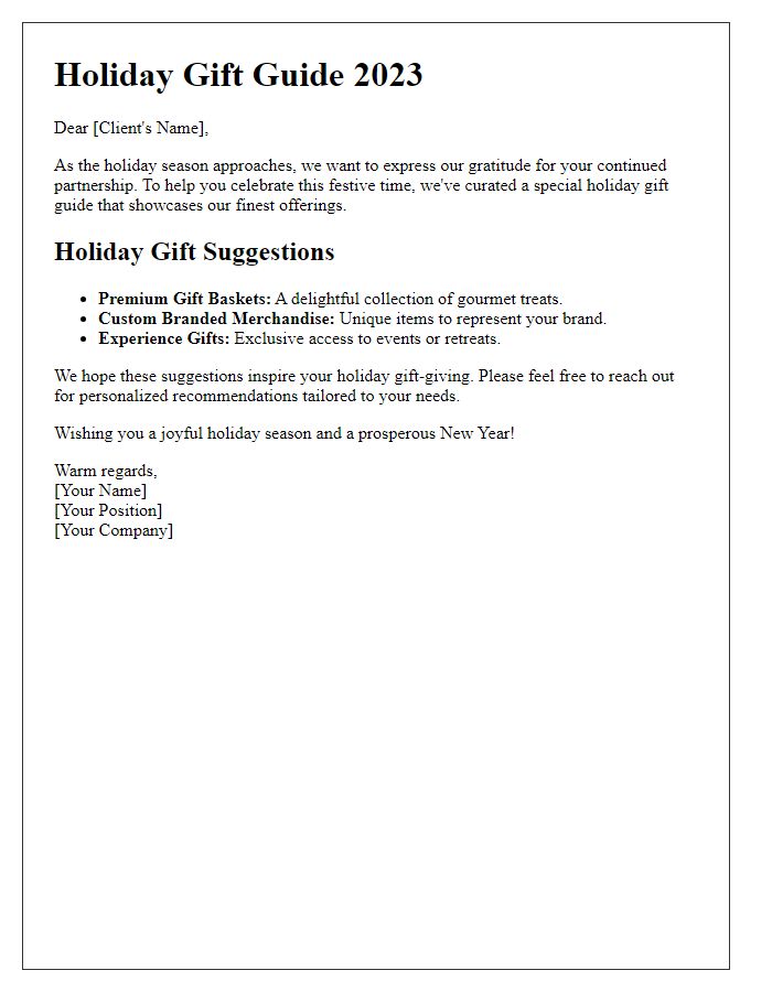 Letter template of holiday gift guide for corporate clients