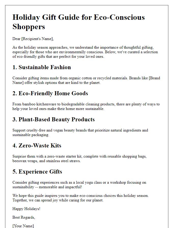 Letter template of holiday gift guide for eco-conscious shoppers