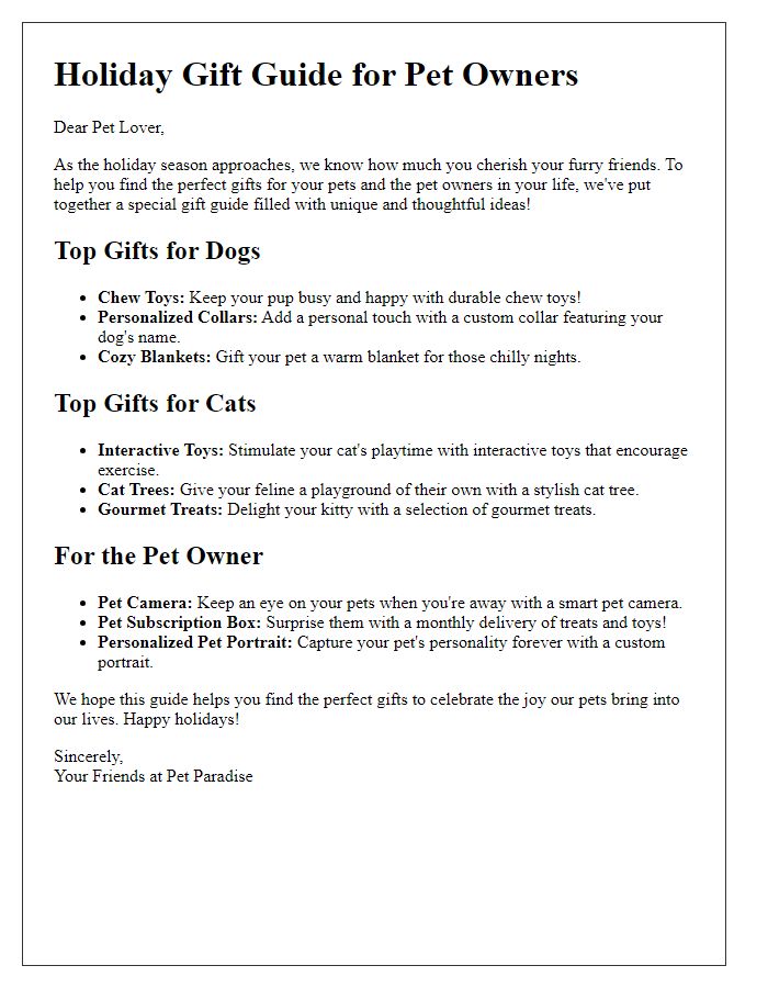 Letter template of holiday gift guide for pet owners