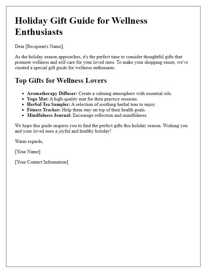 Letter template of holiday gift guide for wellness enthusiasts