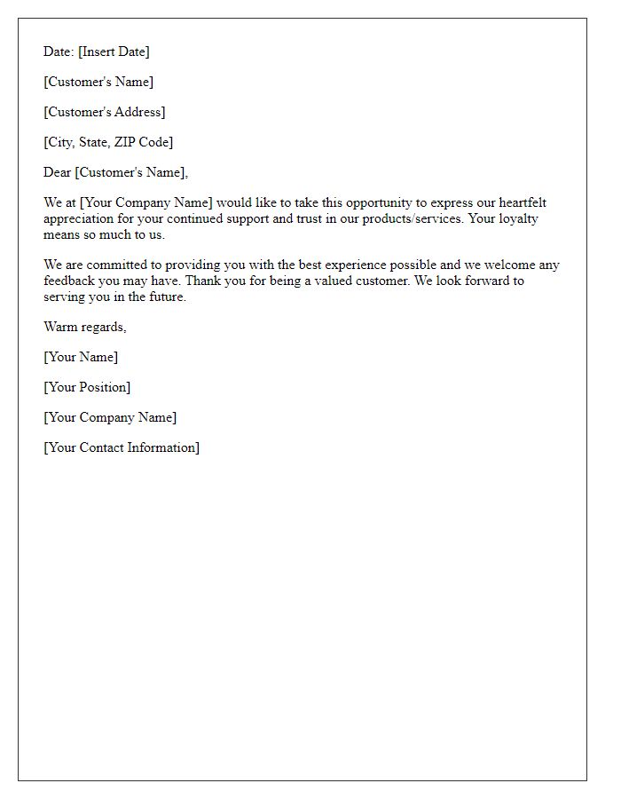 Letter template of approach for customer appreciation note.