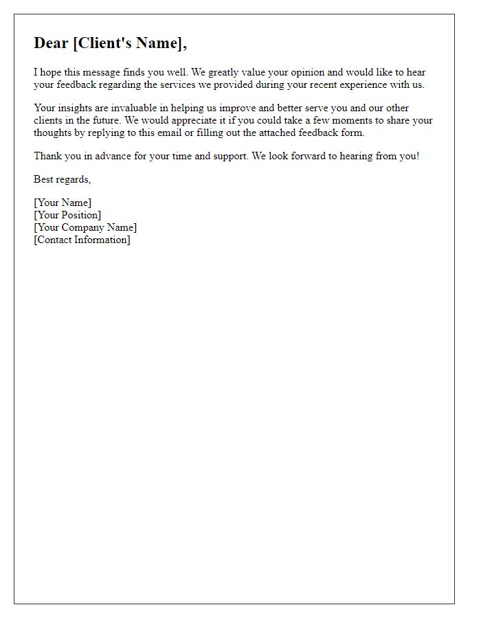 Letter template of plea for client written feedback.