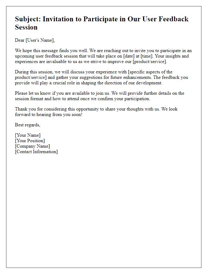 Letter template of outreach for user feedback session invitation