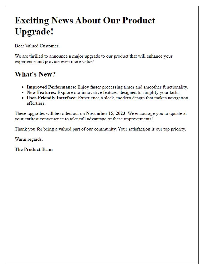 Letter template of exciting product upgrade information