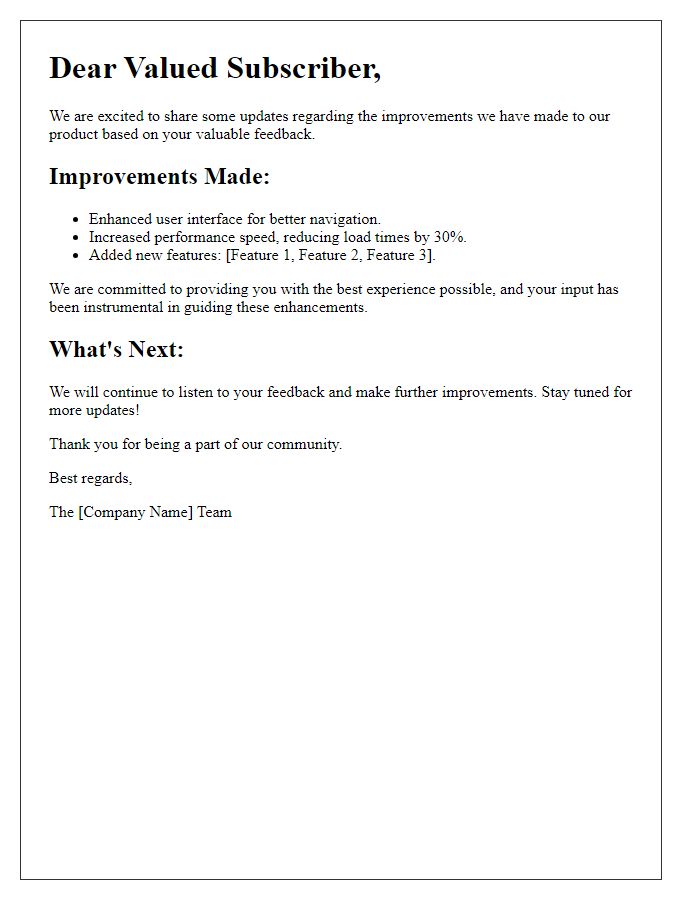 Letter template of product improvement update for subscribers