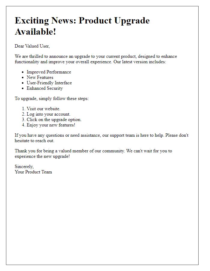 Letter template of product upgrade brochure for users