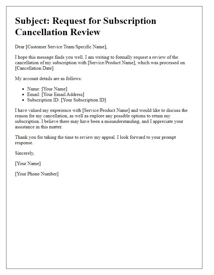 Letter template of appeal for subscription cancellation review