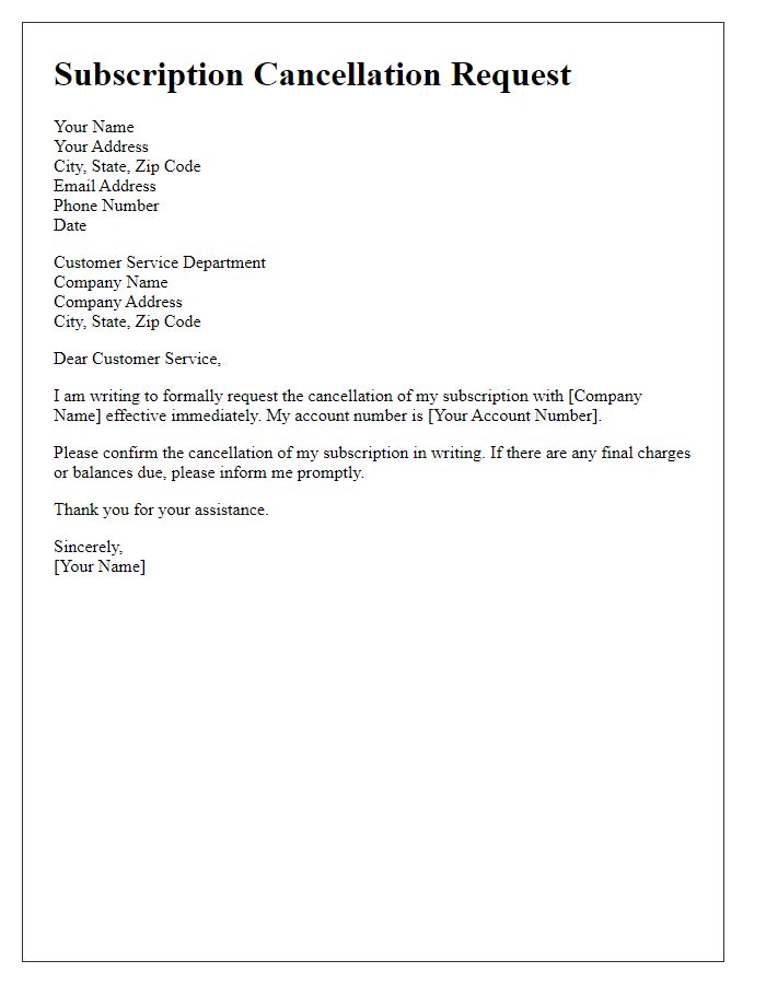 Letter template of formal subscription cancellation