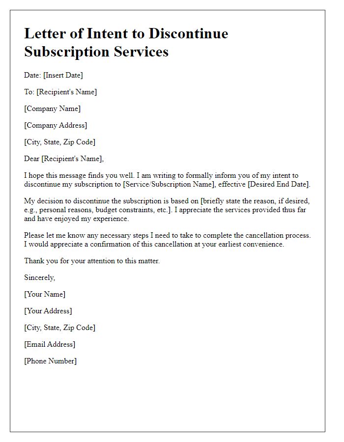 Letter template of intent to discontinue subscription services