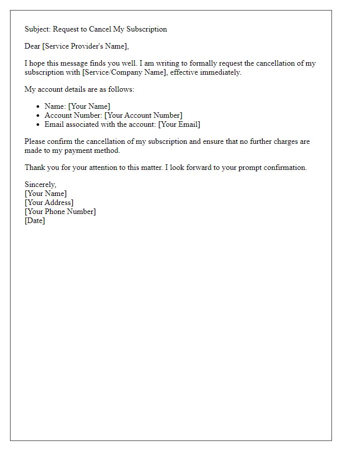 Letter template of request to cancel my subscription