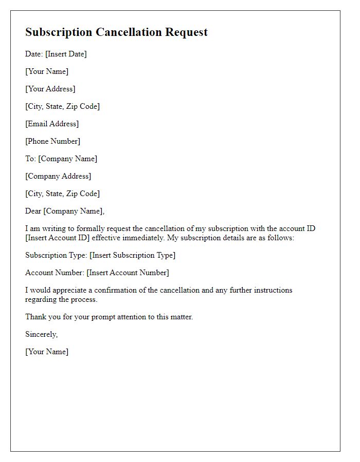 Letter template of subscription cancellation request