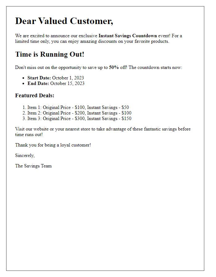 Letter template of instant savings countdown