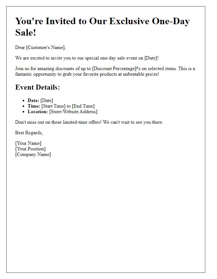 Letter template of one-day sale invitation