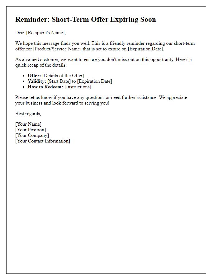 Letter template of short-term offer reminder