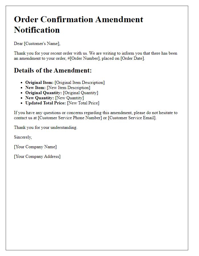 Letter template of order confirmation amendment notification