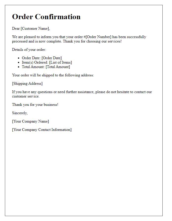 Letter template of order confirmation completion notice